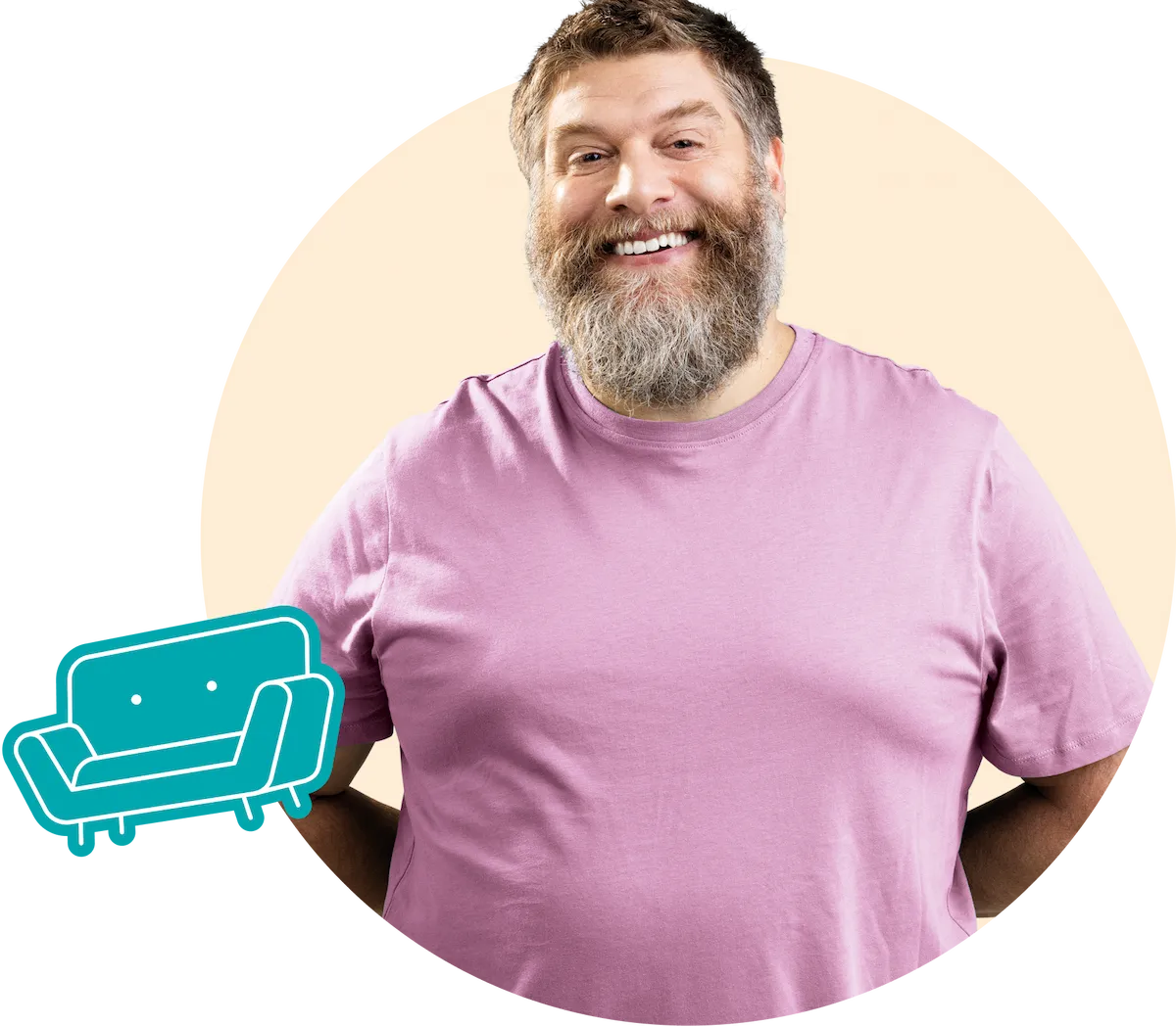 A bearded middle aged man smiling in a pink t-shirt