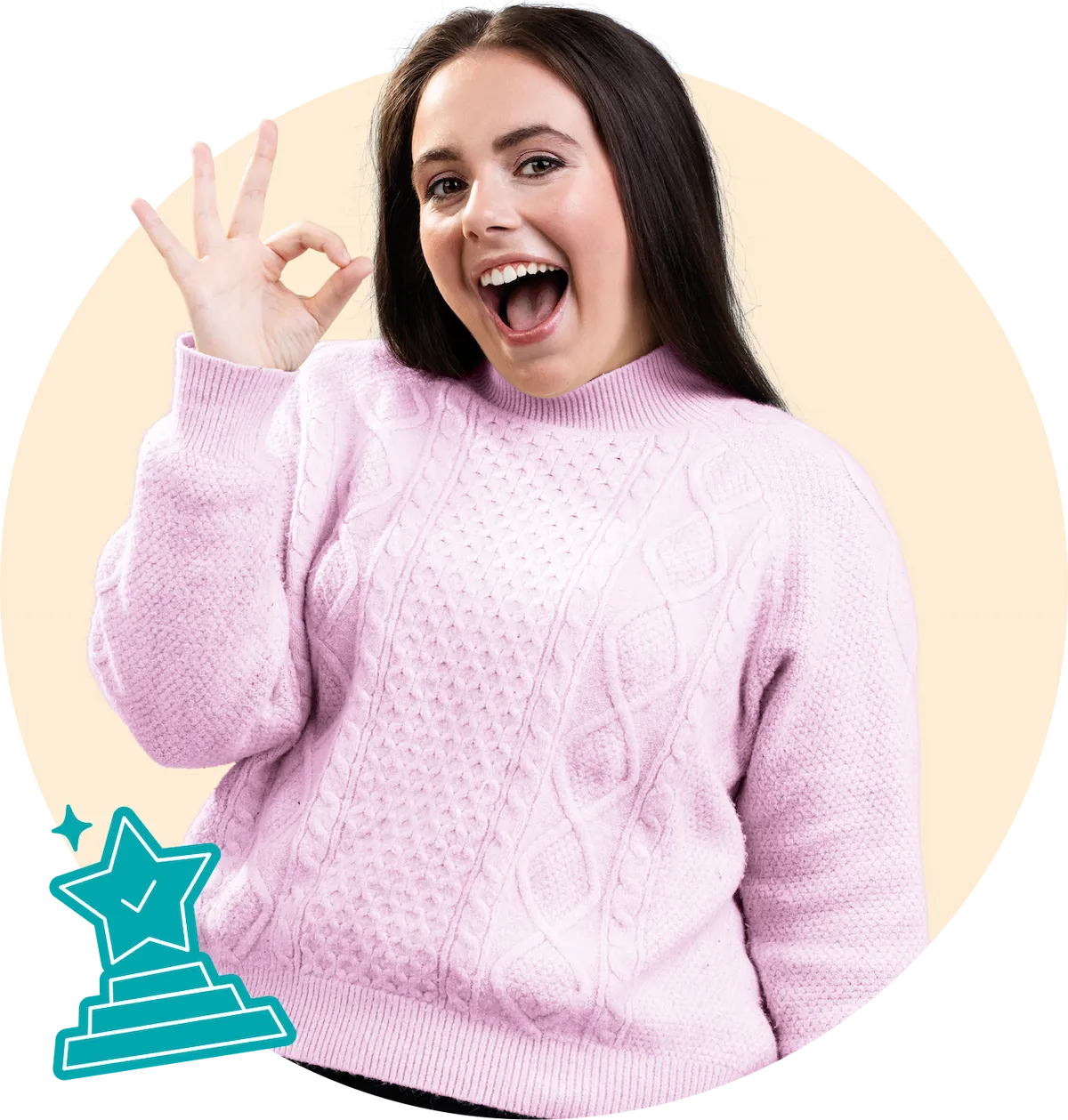 A young girl with black hair in a pink jumper, giving at 'ok' sign