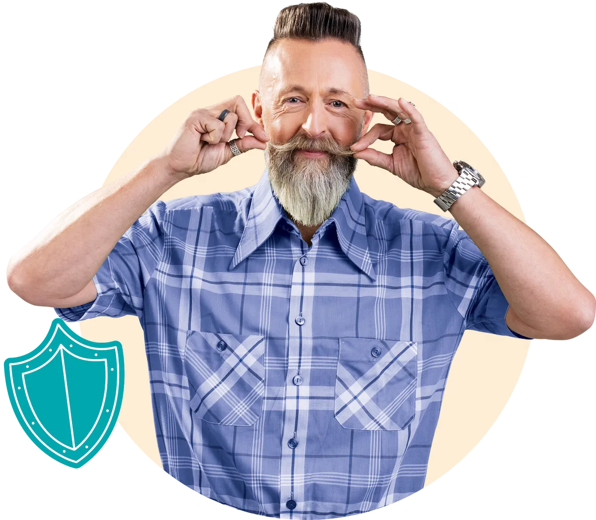 A middle-aged man with grey beard in a blue checked shirt, twiddling his moustache!