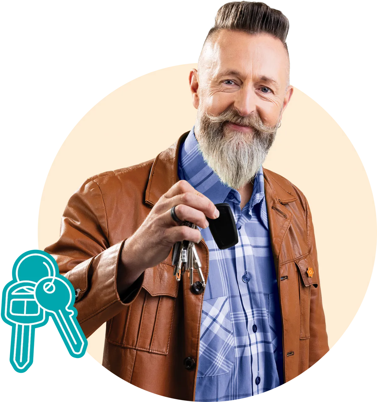 A middle-aged man with grey beard and a brown leather jacket, holding a set of keys