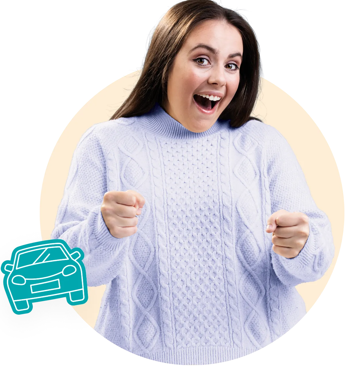 A young girl in a lilac jumper smiling, pretending to hold a car wheel